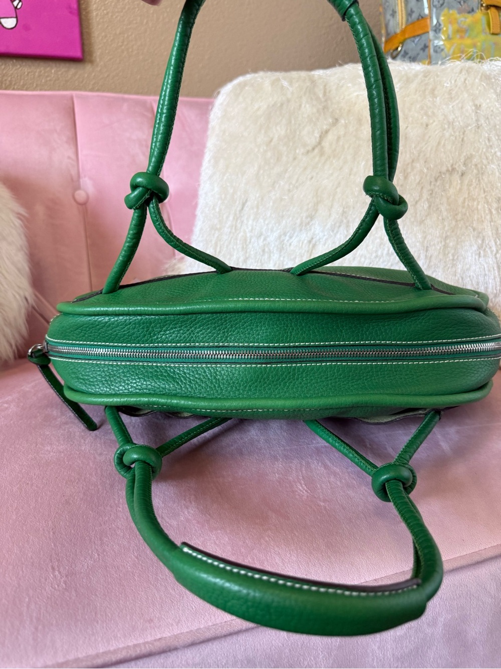 HOGAN Kelly Green Leather Dome Satchel Bag w Knots &Loop Details Silver Hardware - Picture 14 of 16